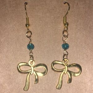 Handmade Gold & Blue Bow Earrings